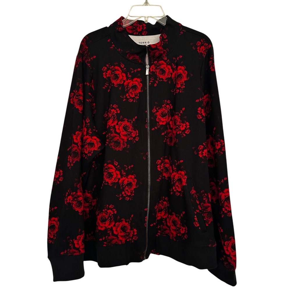 Torrid Active Womens Plus Size 4/4X Red Rose Floral Zip Up Track Jacket Black